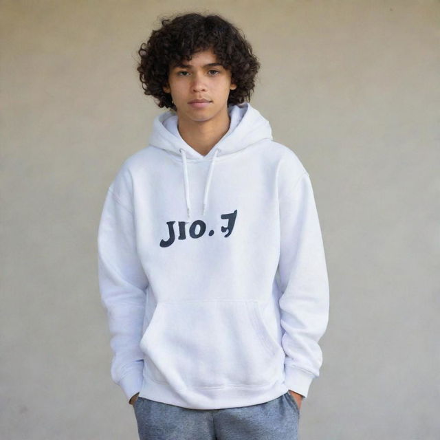 A portrait of a 17-year-old Indonesian boy with curly hair, wearing a white hoodie with 'Jo' written on it, gray school pants, and white shoes. His hands are tucked into the pockets and he gazes sharply.