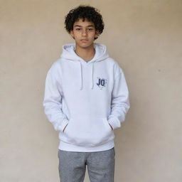 A portrait of a 17-year-old Indonesian boy with curly hair, wearing a white hoodie with 'Jo' written on it, gray school pants, and white shoes. His hands are tucked into the pockets and he gazes sharply.