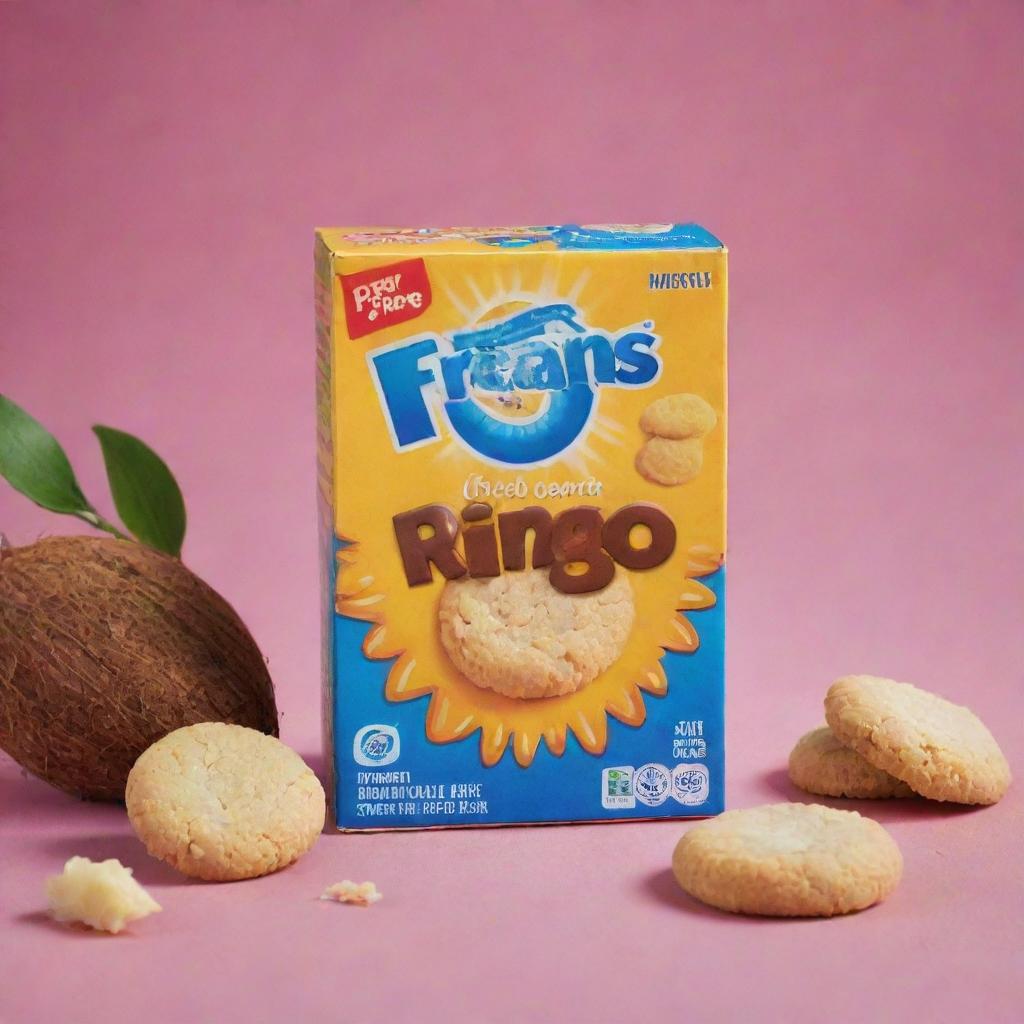 Peek Freans' Ringo coconut cookies on a vivid background that captures their buttery, delicious essence