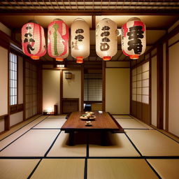 A traditionally styled Japanese dining room with tatami mats, low wooden table, and paper lanterns hanging from the ceiling