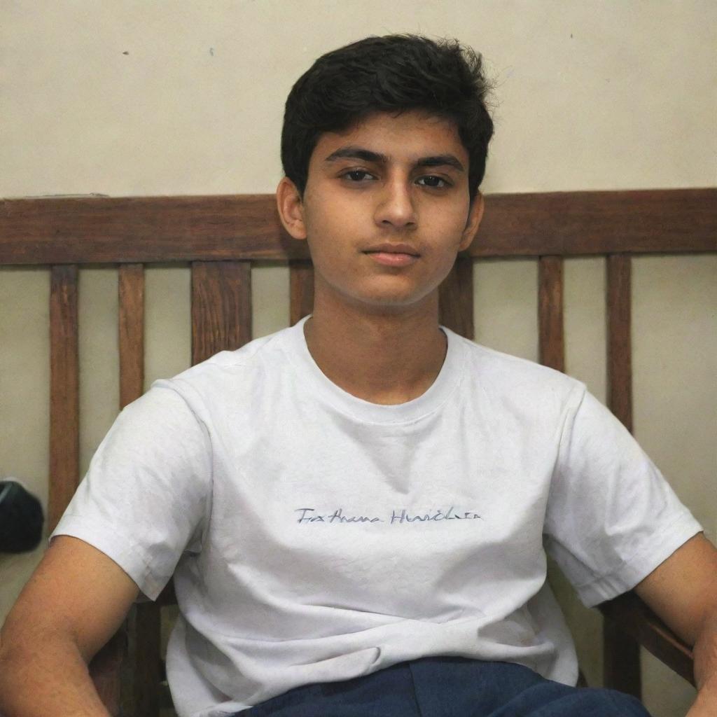 A 20-year-old boy sitting in a chair, with a profile behind him showcasing his name 'Farhan Haidar' inscribed on it.