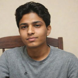 A 20-year-old boy sitting in a chair, with a profile behind him showcasing his name 'Farhan Haidar' inscribed on it.