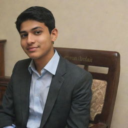 A 20-year-old boy sitting in a chair, with a profile behind him showcasing his name 'Farhan Haidar' inscribed on it.