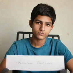 A 20-year-old boy sitting in a chair, with a profile behind him showcasing his name 'Farhan Haidar' inscribed on it.