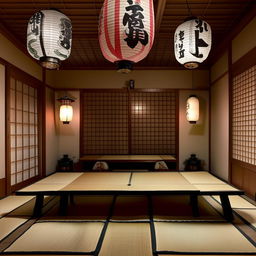 A traditionally styled Japanese dining room with tatami mats, low wooden table, and paper lanterns hanging from the ceiling