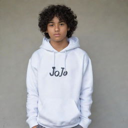 Portrait of a 17-year old Indonesian boy with curly hair, wearing a white hoodie with 'Jo' written on it, gray school pants, and white shoes. His hands are tucked into his pockets, and he gazes sharply.