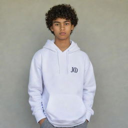 Portrait of a 17-year old Indonesian boy with curly hair, wearing a white hoodie with 'Jo' written on it, gray school pants, and white shoes. His hands are tucked into his pockets, and he gazes sharply.