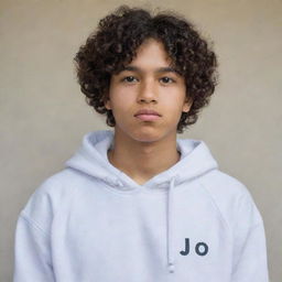 Portrait of a 17-year old Indonesian boy with curly hair, wearing a white hoodie with 'Jo' written on it, gray school pants, and white shoes. His hands are tucked into his pockets, and he gazes sharply.