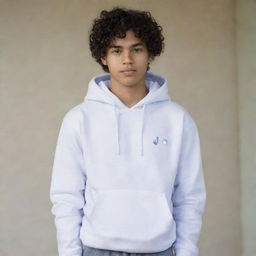 Portrait of a 17-year old Indonesian boy with curly hair, wearing a white hoodie with 'Jo' written on it, gray school pants, and white shoes. His hands are tucked into his pockets, and he gazes sharply.