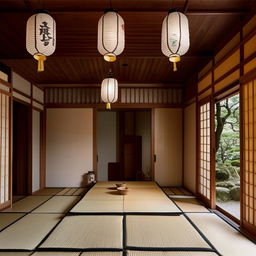 A traditionally styled Japanese dining room with tatami mats, low wooden table, and paper lanterns hanging from the ceiling