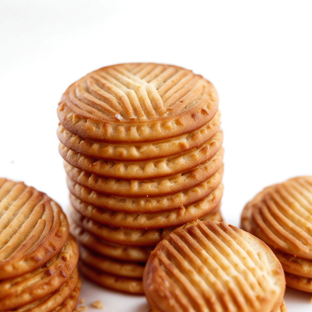 Close-up photograph of golden-brown Ringo Biscuits with toasted coconut flecks, arranged in a neat pile against a white background.