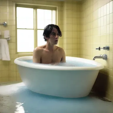 In the movie, the protagonist dives into a sudsy bathtub to relax after a long day.