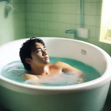 In the movie, the protagonist dives into a sudsy bathtub to relax after a long day.