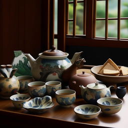 An eye-level perspective of a Ghibli-anime-style scene, featuring a vintage Japanese tea pot, matching cups, delectable Japanese snacks, and ornamental plates spread across a table.