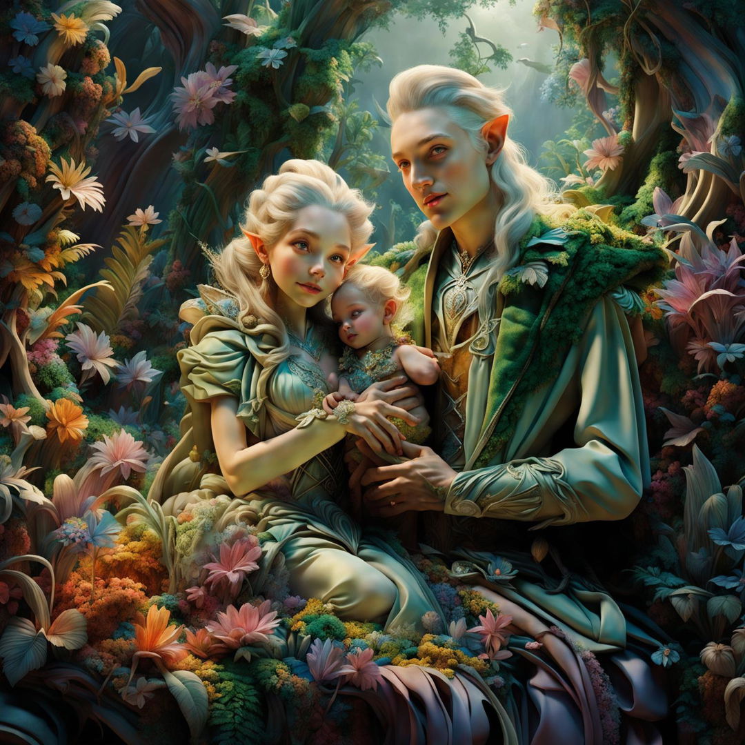 Hyper-realistic 3D image of an intelligent elf family in Rococo attire, nestled in a vibrant, mythical forest with sunlight filtering through the trees and a flower aesthetic.