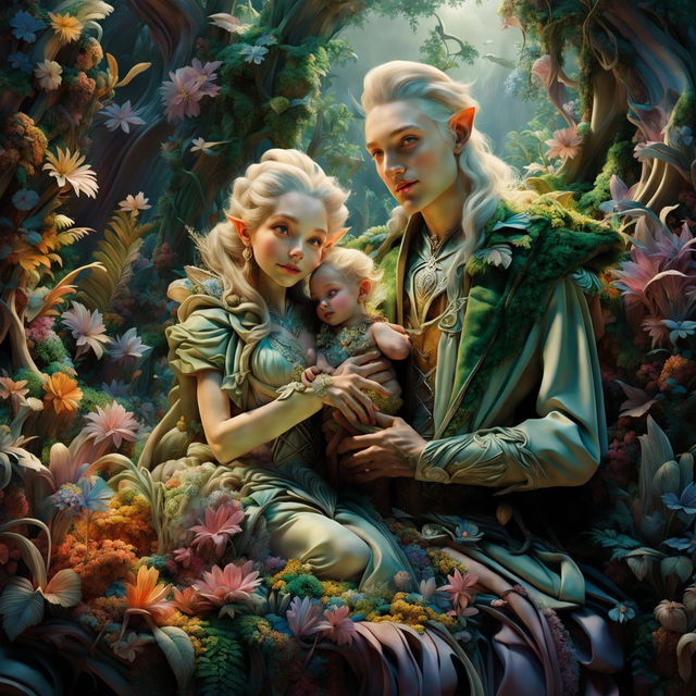 Hyper-realistic 3D image of an intelligent elf family in Rococo attire, nestled in a vibrant, mythical forest with sunlight filtering through the trees and a flower aesthetic.