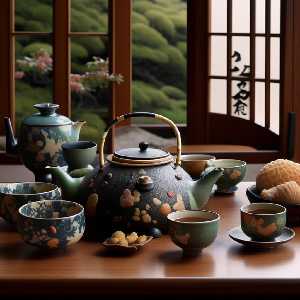 An eye-level perspective of a Ghibli-anime-style scene, featuring a vintage Japanese tea pot, matching cups, delectable Japanese snacks, and ornamental plates spread across a table.