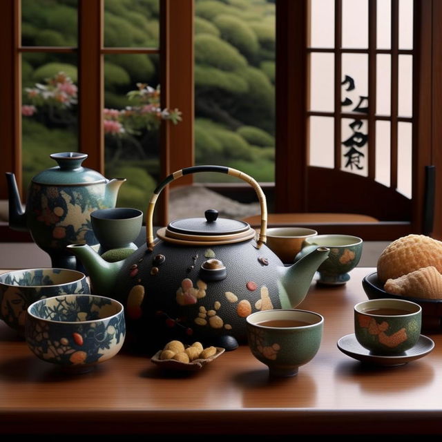 An eye-level perspective of a Ghibli-anime-style scene, featuring a vintage Japanese tea pot, matching cups, delectable Japanese snacks, and ornamental plates spread across a table.