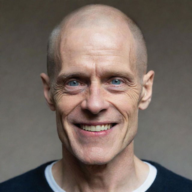 A portrait of Willem Dafoe depicted with a fully shaved head, smiling broadly.