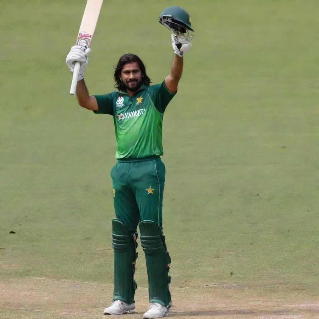 A long-haired, slightly muscular Pakistani man, garbed in a cricketing kit with a green helmet. He is raising his bat triumphantly after scoring 50 runs, standing on a lush, grassy cricket field.