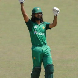 A long-haired, slightly muscular Pakistani man, garbed in a cricketing kit with a green helmet. He is raising his bat triumphantly after scoring 50 runs, standing on a lush, grassy cricket field.