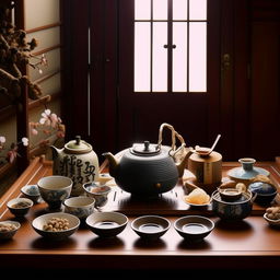 An eye-level perspective of a Ghibli-anime-style scene, featuring a vintage Japanese tea pot, matching cups, delectable Japanese snacks, and ornamental plates spread across a table.