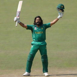 A long-haired, slightly muscular Pakistani man, garbed in a cricketing kit with a green helmet. He is raising his bat triumphantly after scoring 50 runs, standing on a lush, grassy cricket field.