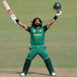 A long-haired, slightly muscular Pakistani man, garbed in a cricketing kit with a green helmet. He is raising his bat triumphantly after scoring 50 runs, standing on a lush, grassy cricket field.