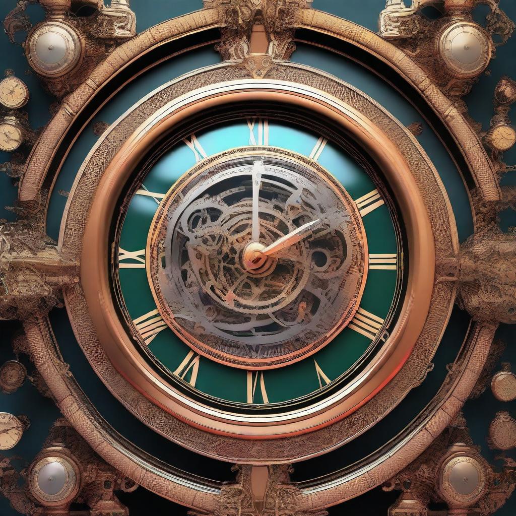 A high-quality digital art image showcasing a large, intricately designed clock, intricately connected to an electrical motor