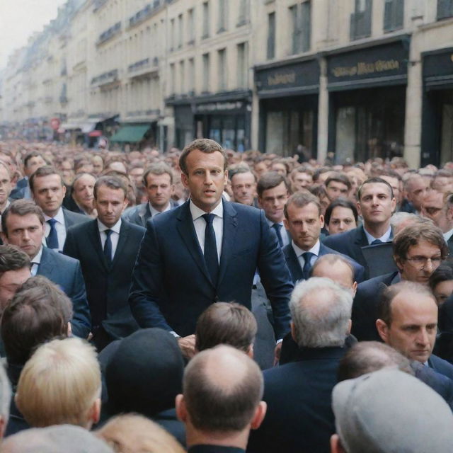 Emmanuel Macron delivering a speech in a busy street, people attentively listening and French architectures surrounding him.