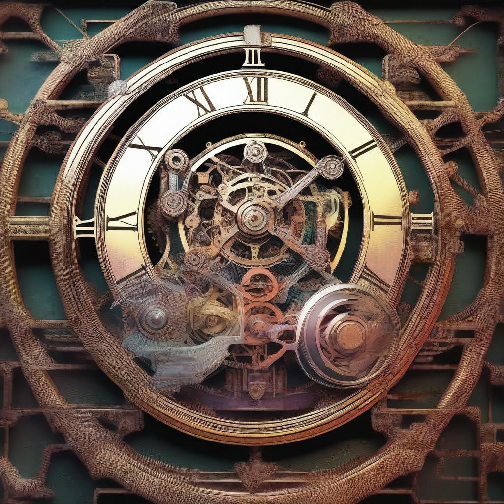 A high-quality digital art image showcasing a large, intricately designed clock, intricately connected to an electrical motor