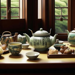 An eye-level perspective of a Ghibli-anime-style scene, featuring a vintage Japanese tea pot, matching cups, delectable Japanese snacks, and ornamental plates spread across a table.