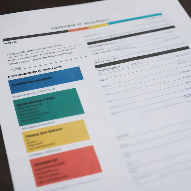 An accurate and detailed report card filled with various grades and comments, all arranged in neat rows. The report card is splashed in vibrant school colors, creating a direct contrast against the stark-white paper and black printed text.