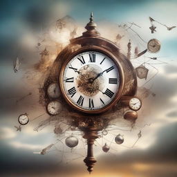 A high-quality digital art piece, which features a large clock intricately connected to an electrical motor