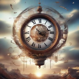 A high-quality digital art piece, which features a large clock intricately connected to an electrical motor