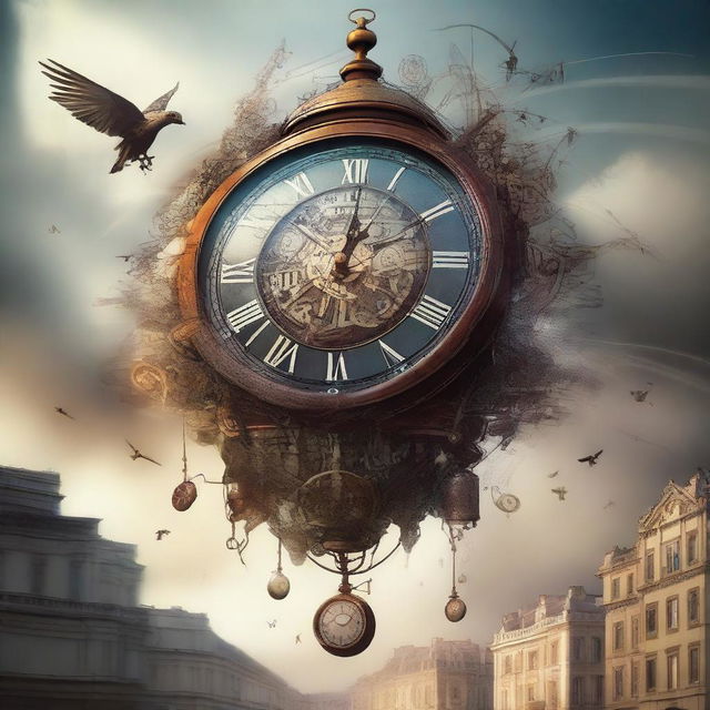 A high-quality digital art piece, which features a large clock intricately connected to an electrical motor