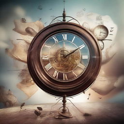 A high-quality digital art piece, which features a large clock intricately connected to an electrical motor