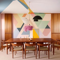 A mid-century modern dining room with teak furniture, geometric patterns, and pastel color schemes showcasing minimalist aesthetic