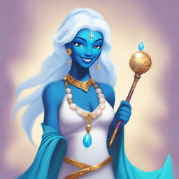 A high-quality digital art piece showcasing an Air Genasi with vibrant blue skin and flowing white hair