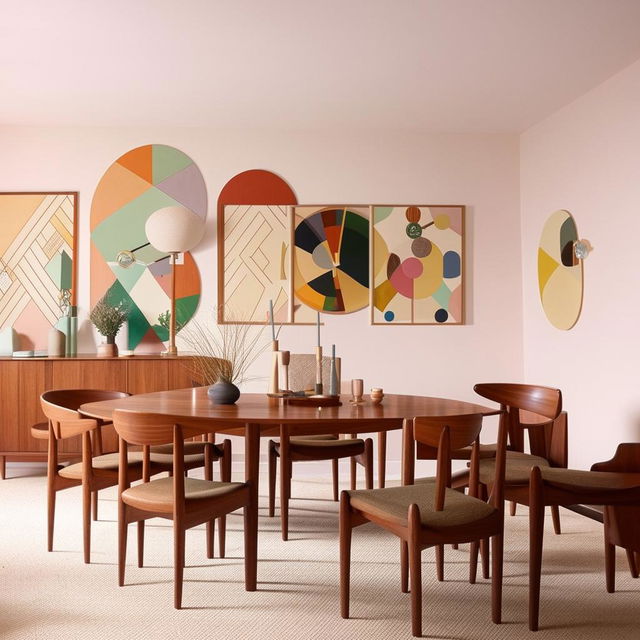 A mid-century modern dining room with teak furniture, geometric patterns, and pastel color schemes showcasing minimalist aesthetic