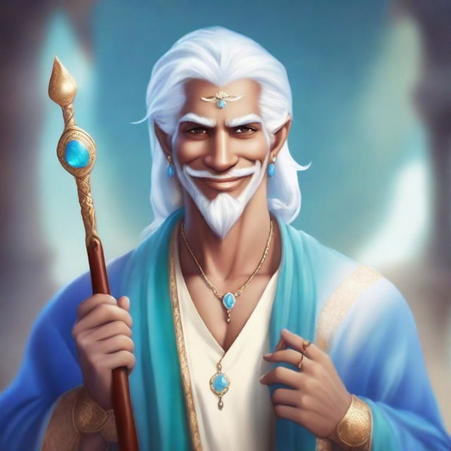 This high-quality digital art showcases a male air genasi with light blue skin and white hair