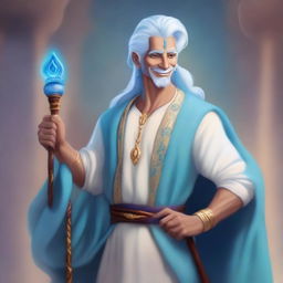 This high-quality digital art showcases a male air genasi with light blue skin and white hair