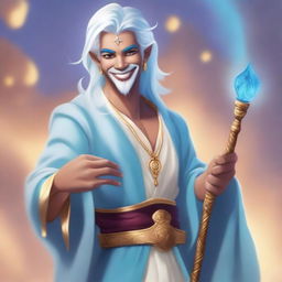 This high-quality digital art showcases a male air genasi with light blue skin and white hair