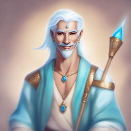 This high-quality digital art showcases a male air genasi with light blue skin and white hair