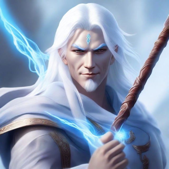 A high-quality digital art image depicts a male air genasi with light blue skin and white hair