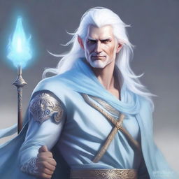 A high-quality digital art image depicts a male air genasi with light blue skin and white hair