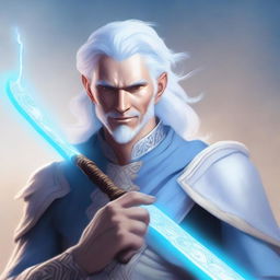 A high-quality digital art image depicts a male air genasi with light blue skin and white hair