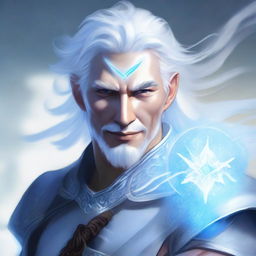 A high-quality digital art image depicts a male air genasi with light blue skin and white hair