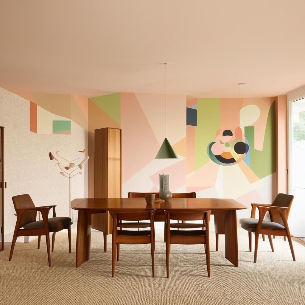 A mid-century modern dining room with teak furniture, geometric patterns, and pastel color schemes showcasing minimalist aesthetic