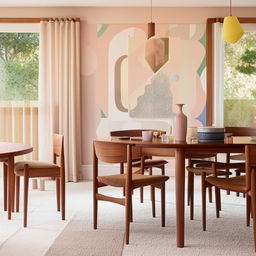 A mid-century modern dining room with teak furniture, geometric patterns, and pastel color schemes showcasing minimalist aesthetic